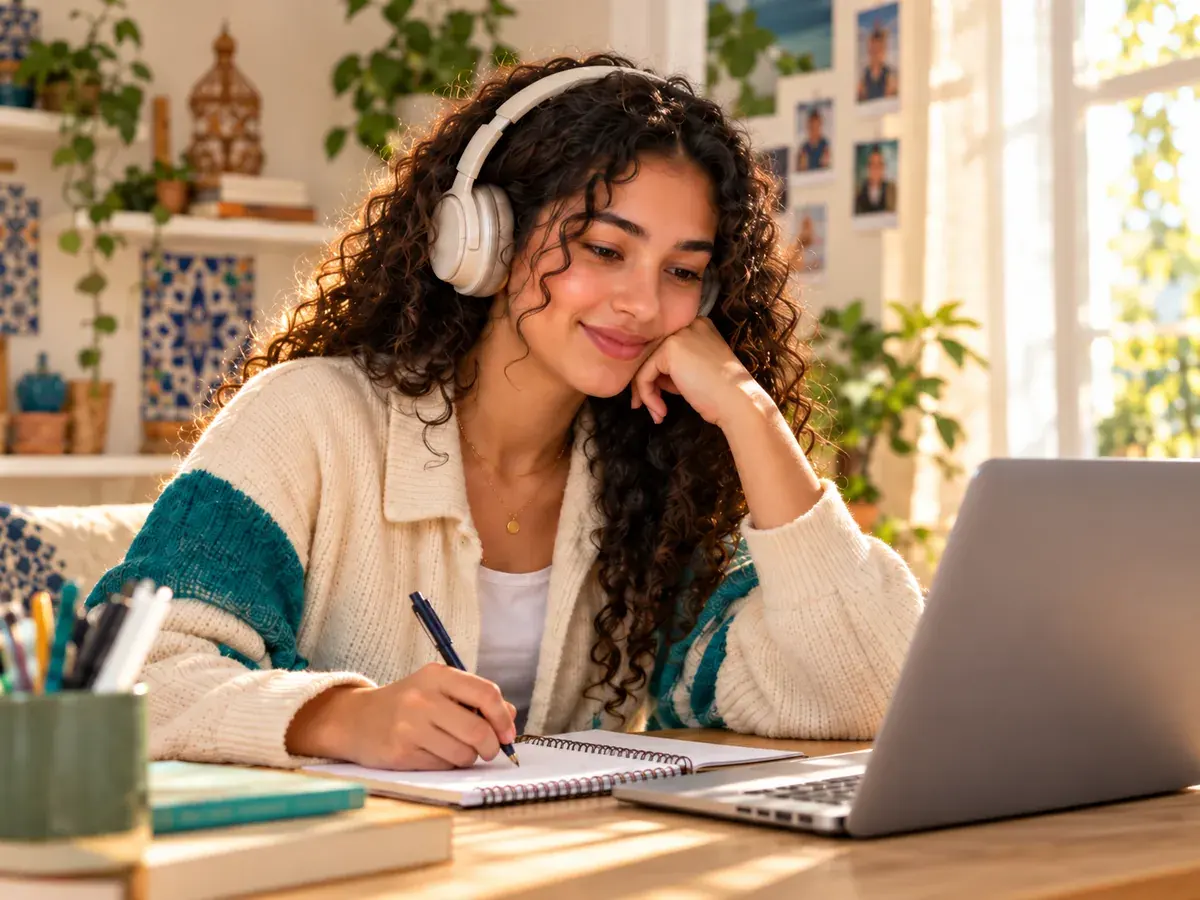 Une élève suit un cours en ligne avec un casque et prend des notes dans son cahier.
